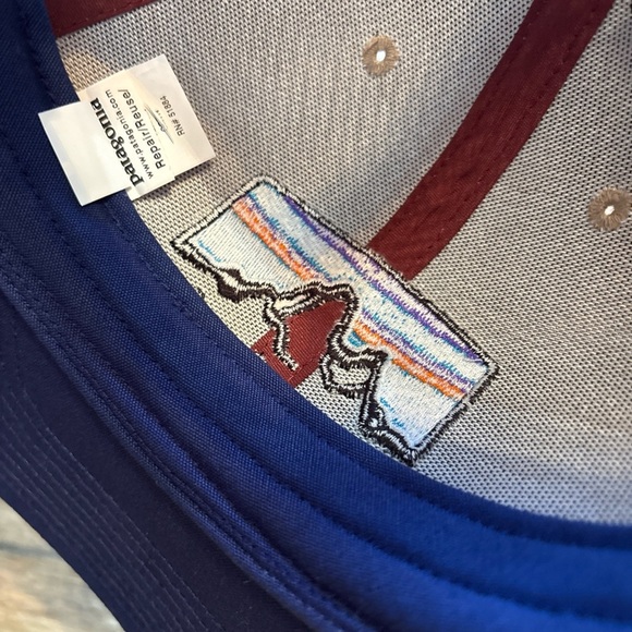 Patagonia Mesh Back Trucker Hat Cap Mountain Logo Patch Blue Maroon Snapback - Picture 10 of 10